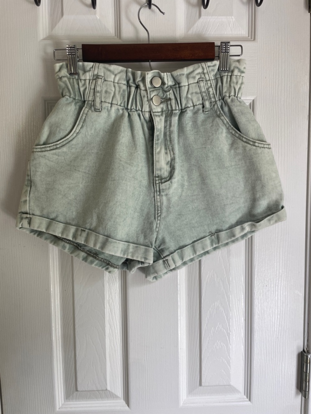 High-Rise Paperbag Denim Boho Western Shorts in Mint